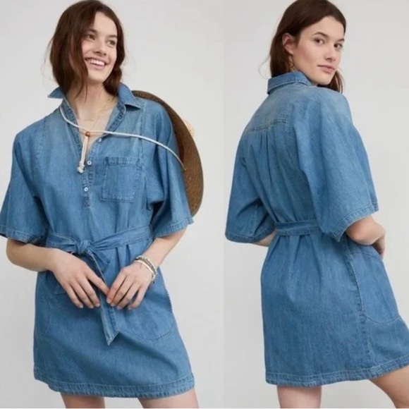 Anthropologie Dresses & Skirts - Anthropologie Pilcro Pull-on 1/3 Button Shirt Short Belted Denim Dress XS